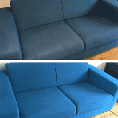 Two pictures of a blue couch before and after cleaning.