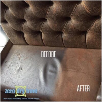 A leather couch before and after cleaning.