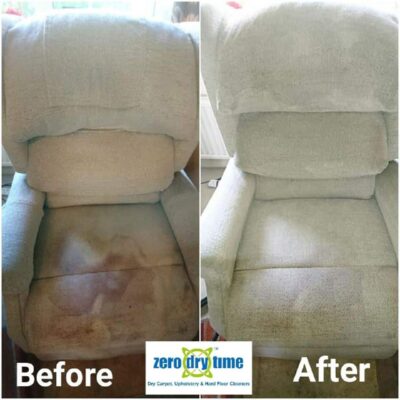 Two pictures of a recliner before and after cleaning.