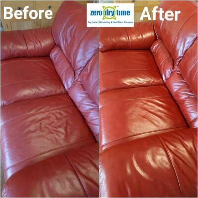 A before and after photo of a red leather couch.