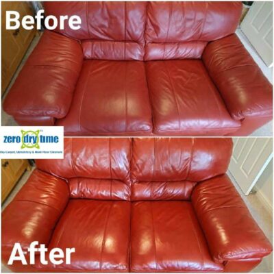 Before and after pictures of a red leather sofa.