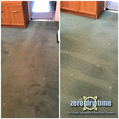 Before and after pictures of a carpet cleaning in a kitchen.