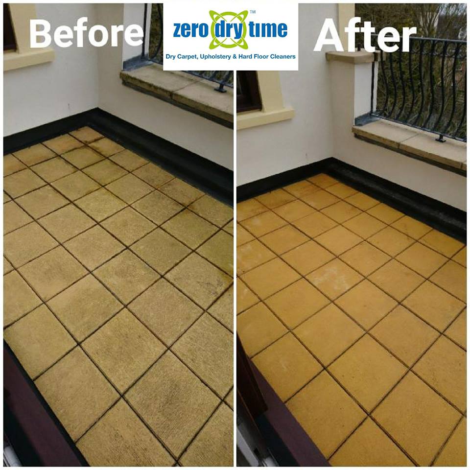A before and after picture of a tiled patio.