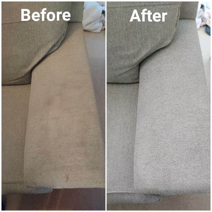 Before and after pictures of a couch cleaning.