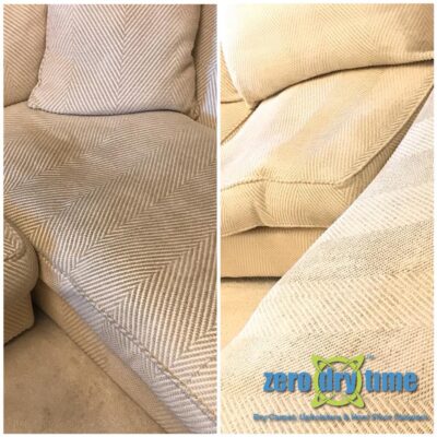 Before and after pictures of a couch that has been cleaned.