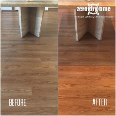 A before and after photo of a hardwood floor.