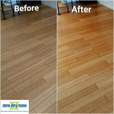 A before and after photo of a bamboo floor.
