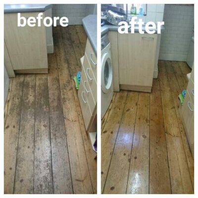 A kitchen with a wooden floor before and after cleaning.