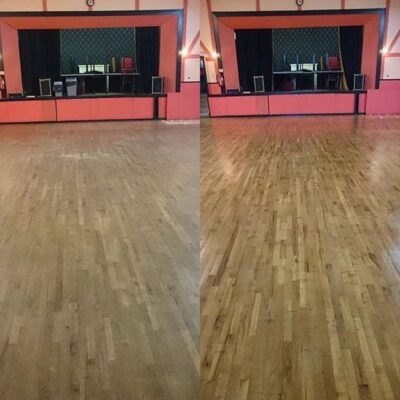 Two pictures of a dance floor before and after cleaning.