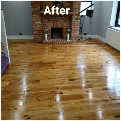 A living room with hardwood floors before and after cleaning.