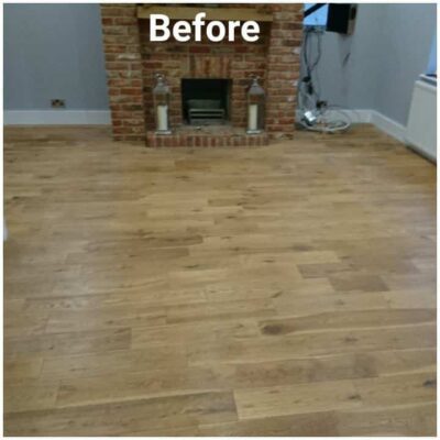 A before and after picture of a hardwood floor.