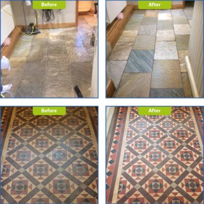 Before and after pictures of a tiled floor.