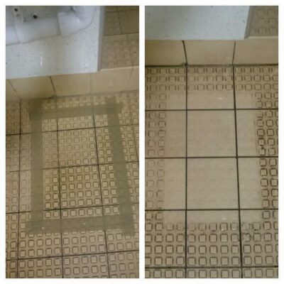 Two pictures of a tiled floor before and after cleaning.