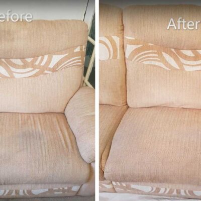A before and after picture of a recliner.