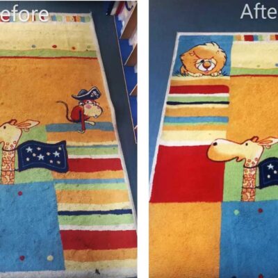 Before and after pictures of a children's rug.