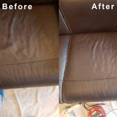 Before and after images of a leather chair being cleaned.