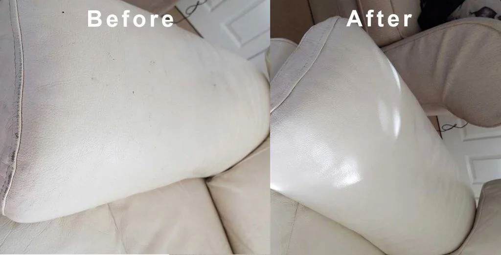 Before and after pictures of a white couch.