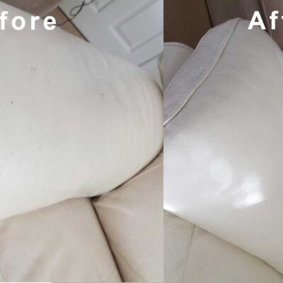 Before and after pictures of a white couch.
