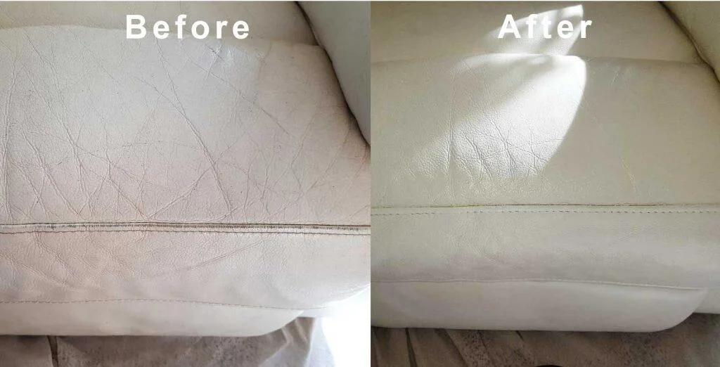 Before and after pictures of a leather couch.