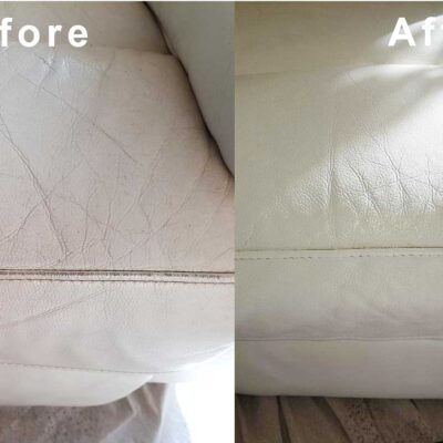 Before and after pictures of a leather couch.